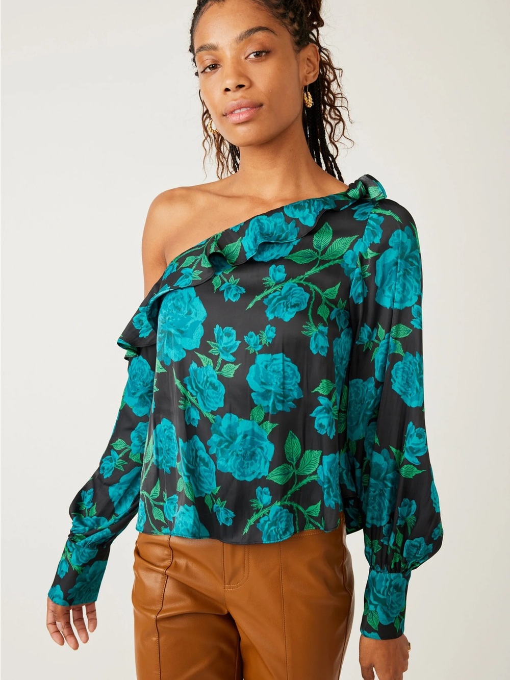 Free People One-Shoulder Floral Blouse in Teal and Black